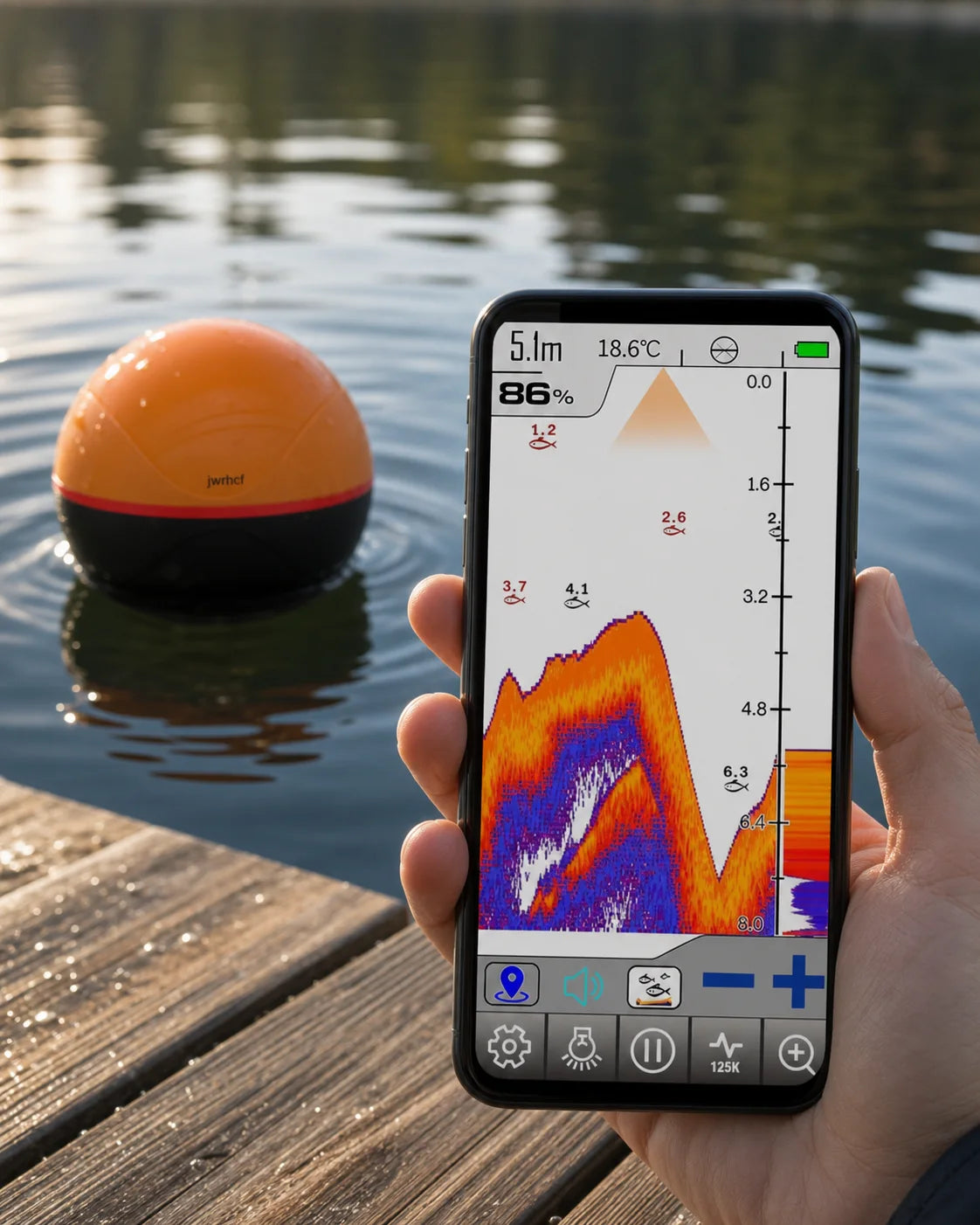 Phone showing live sonar information beside the floating JWRHCF finder