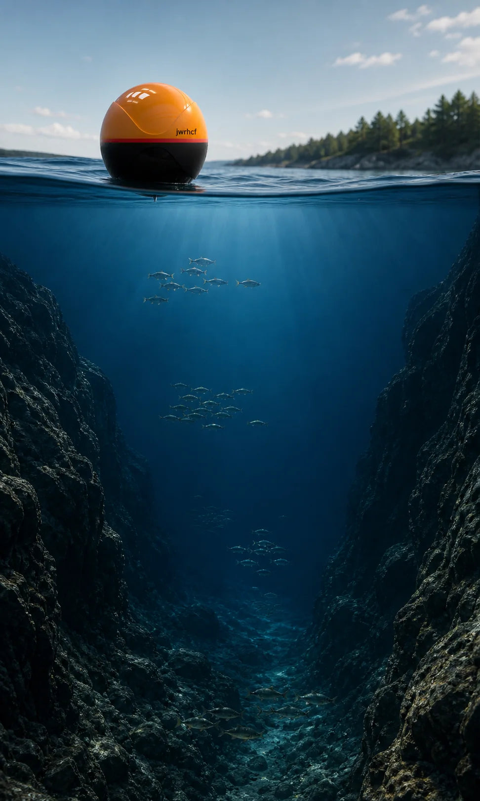 JWRHCF sonar above a deep rocky channel with fish at multiple depths